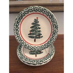 Vintage Set 4 Furio Christmas Tree Sponge 8" Ceramic Grn Red White Bread Plates
